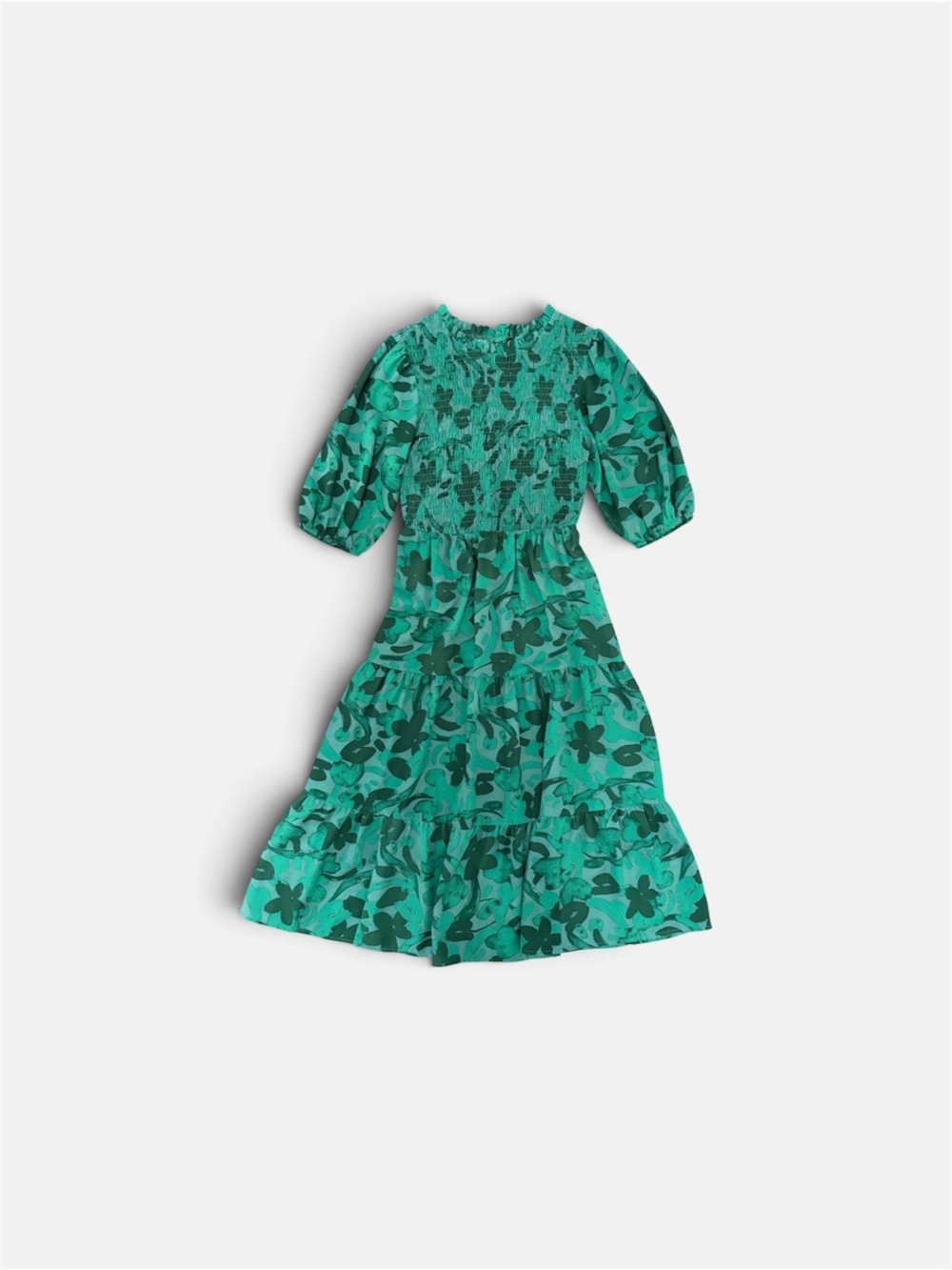 Sugarlips Yeraldi Floral Frazier Emerald Green Smocked Midi Tiered Dress size M